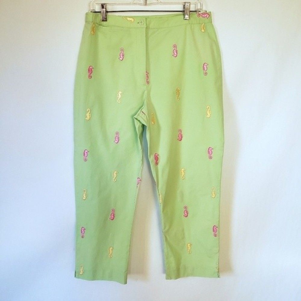 Lilly Pulitzer Vintage Lime Green Embroidered Seahorses Cropped Pants Size 10